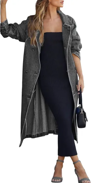 Women's Vintage Notched Collar Double Breasted Over Knee Midi Long Denim Jacket Trench Coat with Belt