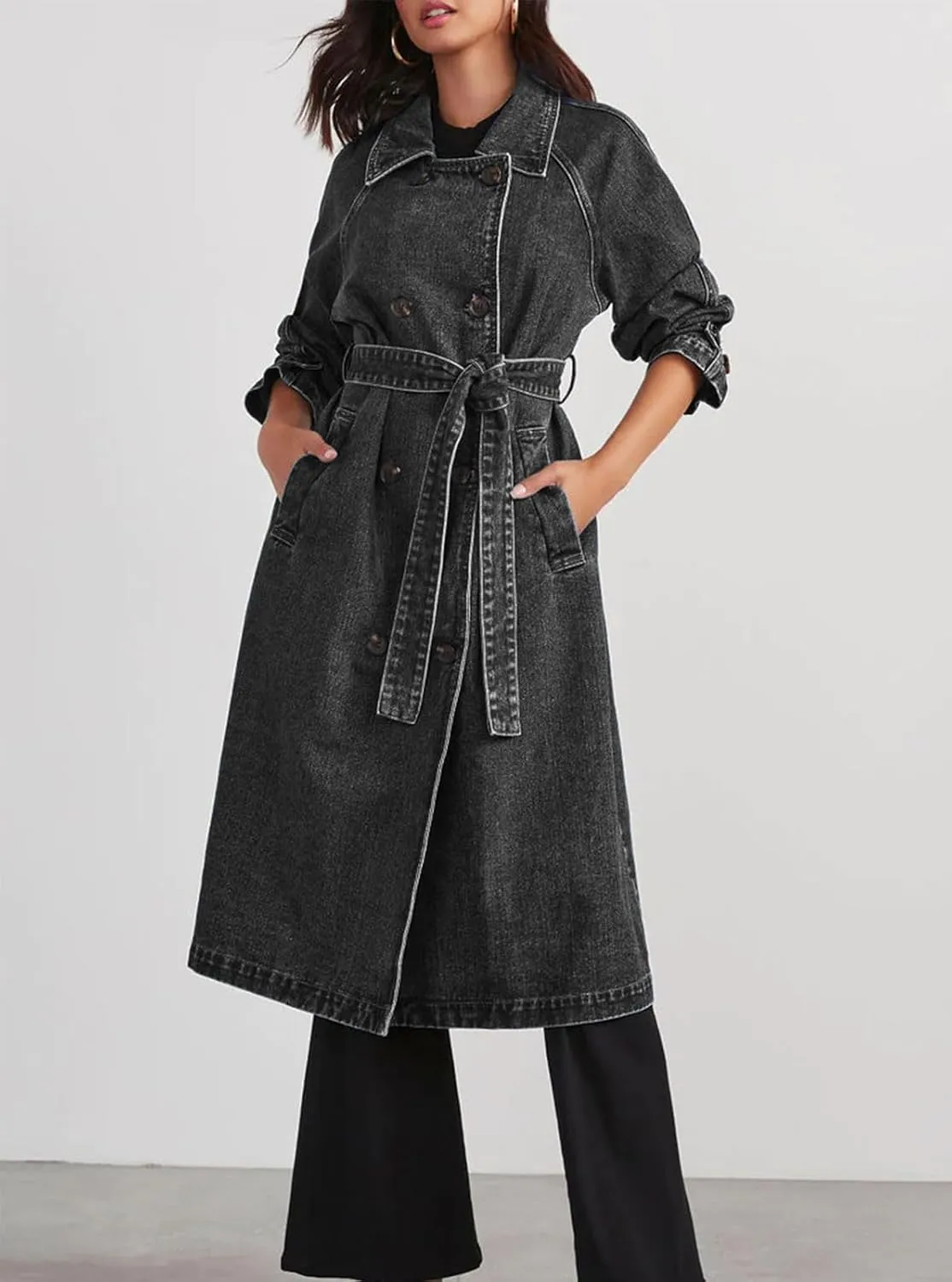 Women's Vintage Notched Collar Double Breasted Over Knee Midi Long Denim Jacket Trench Coat with Belt