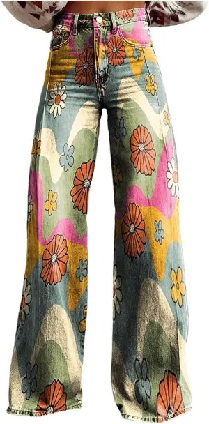 Womens Vintage Wide Leg Fashion High Waisted Casual Denim Pants 90s Floral Printed Pull On Baggy Trousers 2
