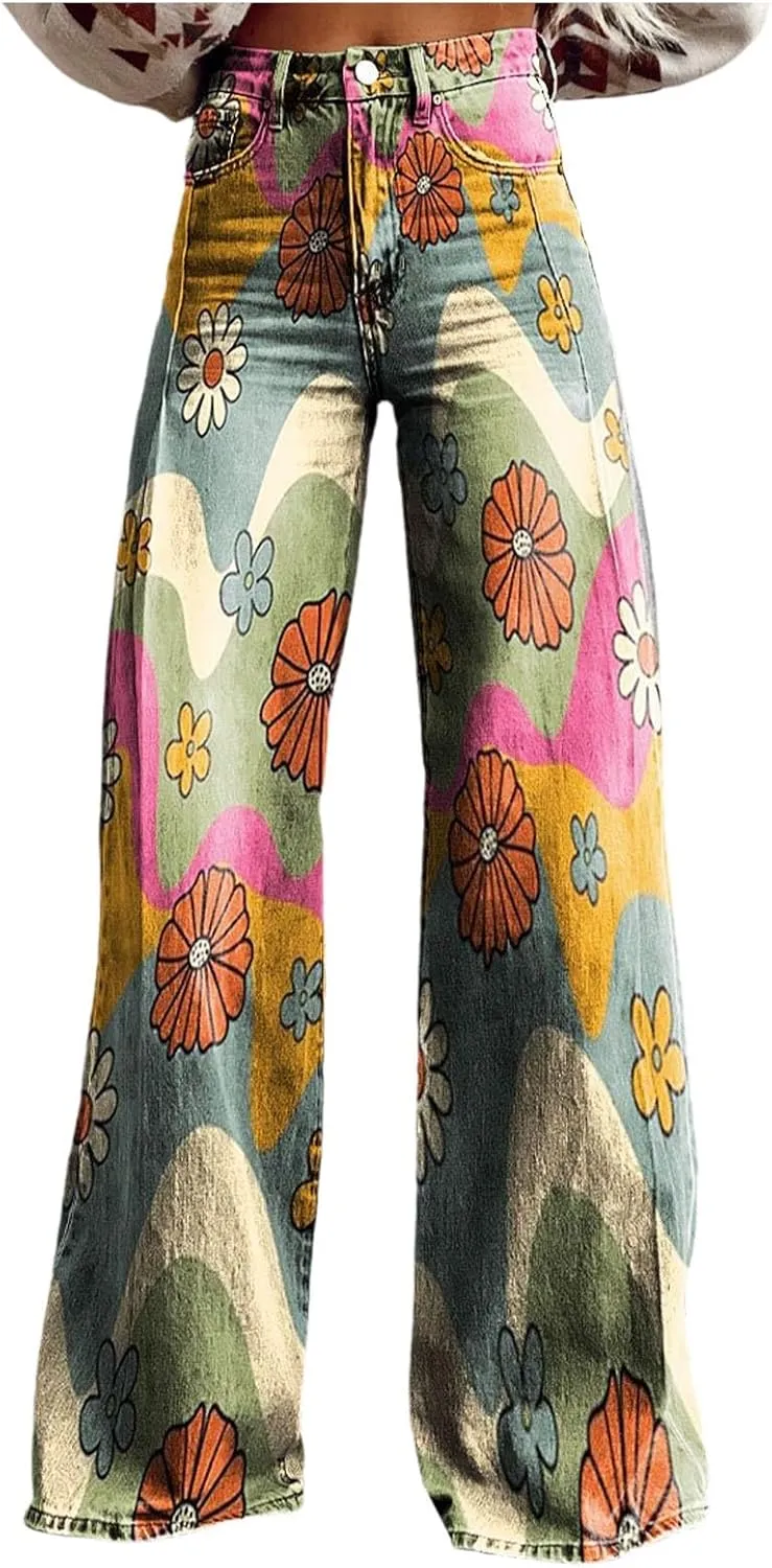 Womens Vintage Wide Leg Fashion High Waisted Casual Denim Pants 90s Floral Printed Pull On Baggy Trousers 2