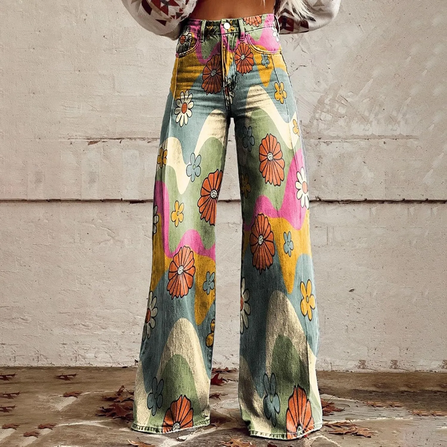 Womens Vintage Wide Leg Fashion High Waisted Casual Denim Pants 90s Floral Printed Pull On Baggy Trousers 2