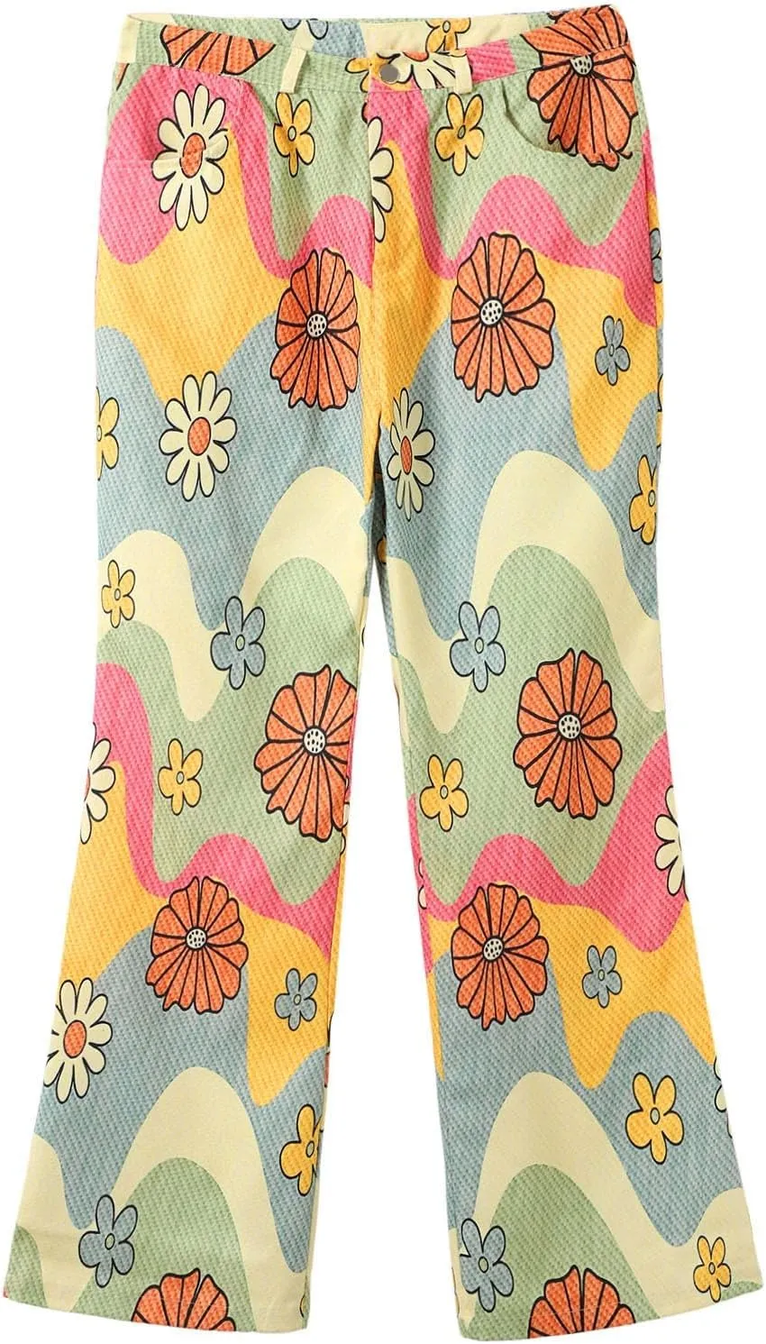 Womens Vintage Wide Leg Fashion High Waisted Casual Denim Pants 90s Floral Printed Pull On Baggy Trousers 2