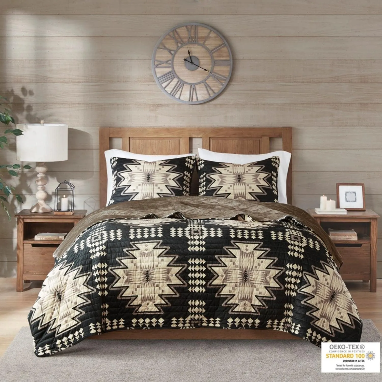 Woolrich Sierra Oversized Quilt Set - Stylish Aztec Southwestern Printed Coverlet and Matching Shams, Cozy Plush Bedding Layer with Solid Color Reverse, Full/Queen Tan/Black 3 Piece