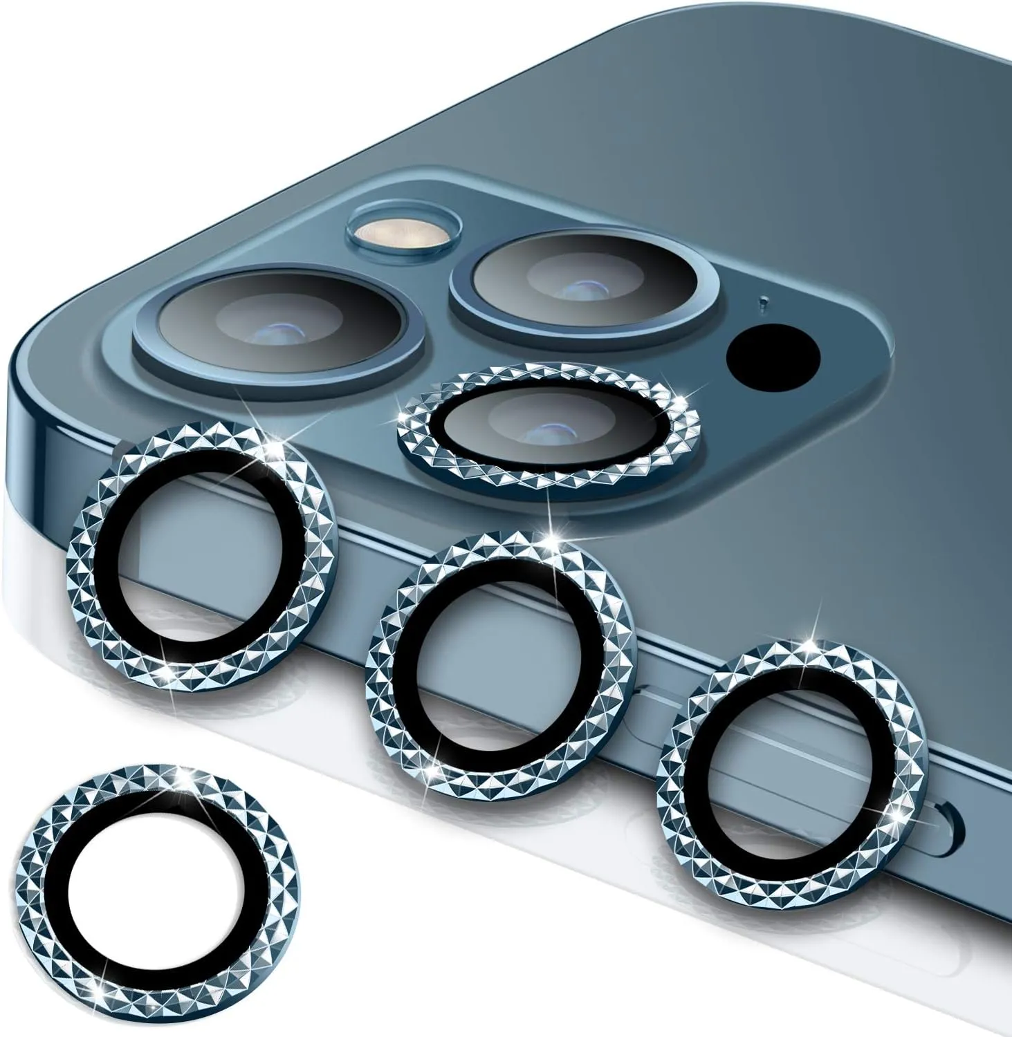 WSKEN [3 1] for iPhone 12 Pro Max Camera Lens Protector,[Diamond Series] Luxury Aluminum Alloy Metal Frame Lens Cover [Strong Adhere] Screen Protection Case - Diamond Pacific Blue