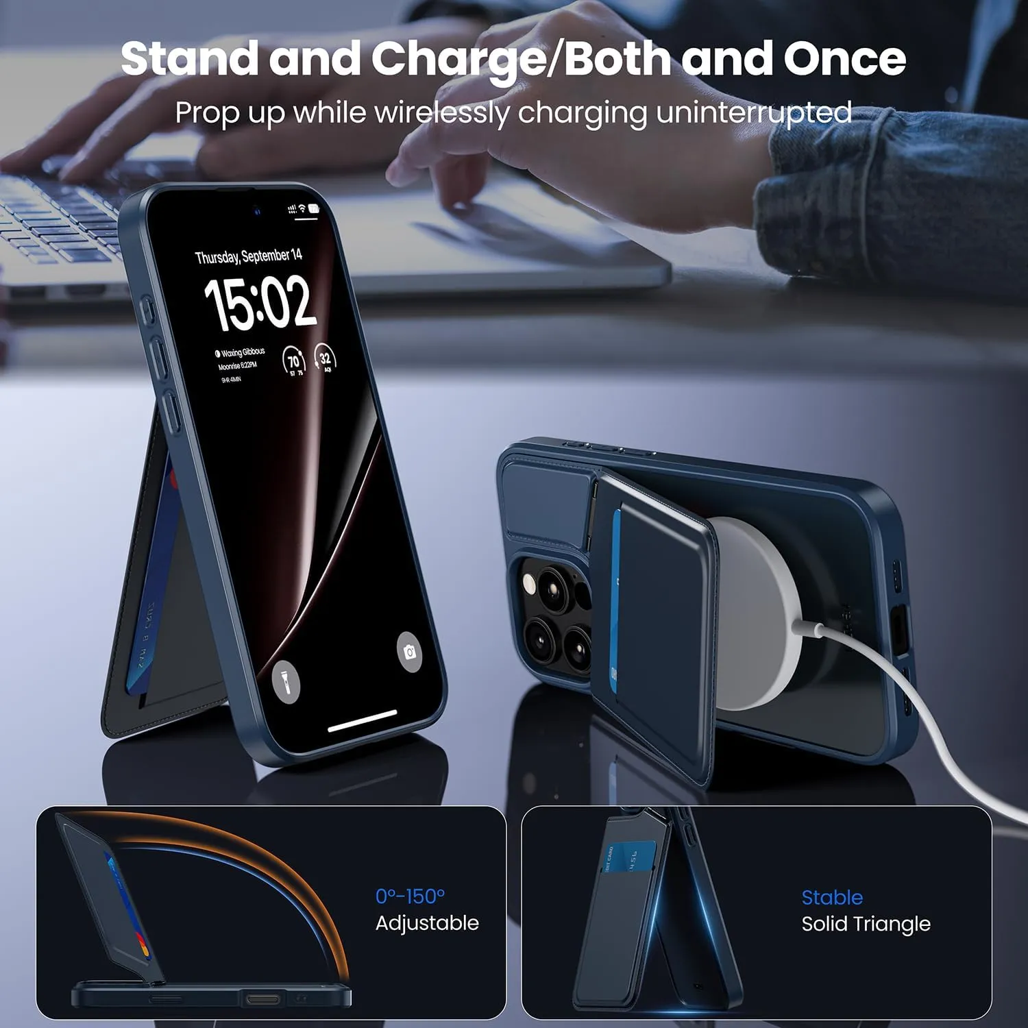 WSKEN for iPhone 16 Pro Max Wallet Case with Stand-RFID 2 Card Holder Slot Hidden Kickstand Compatible with MagSafe Strong Magnetic PU Leather Slim Shockproof Phone Cover,Blue