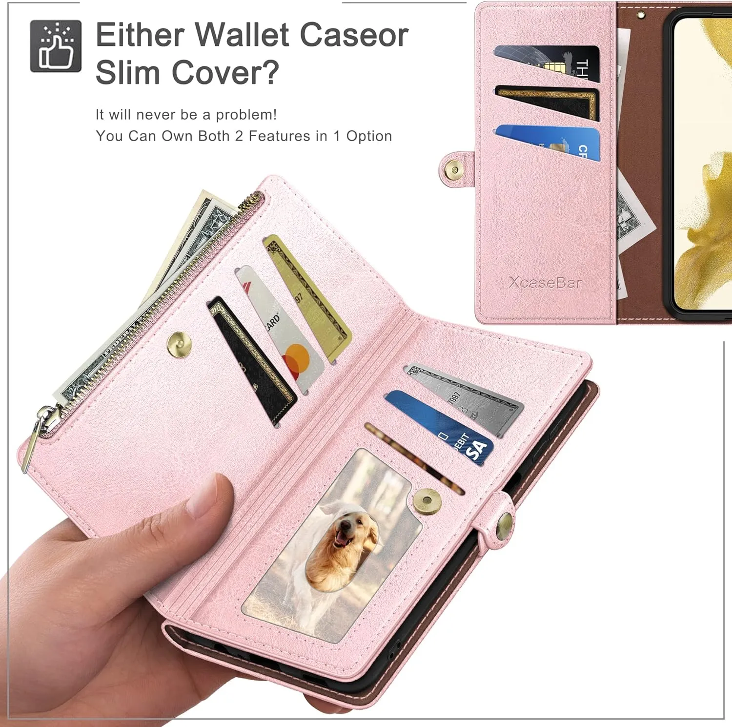 XcaseBar compatible with iPhone 16 Pro Max Wallet case with Zipper Credit Card Holder【RFID Blocking】,Flip Folio Book PU Leather Phone case Shockproof Cover Women Men for Apple 16 ProMax case Rose Gold