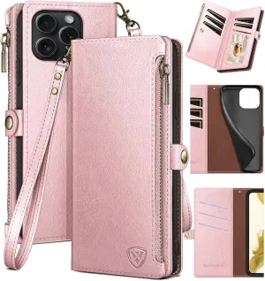 XcaseBar compatible with iPhone 16 Pro Max Wallet case with Zipper Credit Card Holder【RFID Blocking】,Flip Folio Book PU Leather Phone case Shockproof Cover Women Men for Apple 16 ProMax case Rose Gold