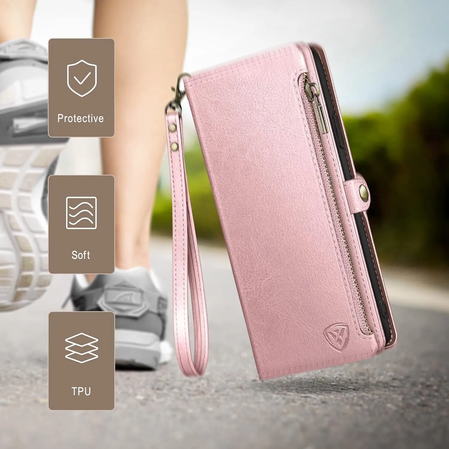 XcaseBar compatible with iPhone 16 Pro Max Wallet case with Zipper Credit Card Holder【RFID Blocking】,Flip Folio Book PU Leather Phone case Shockproof Cover Women Men for Apple 16 ProMax case Rose Gold