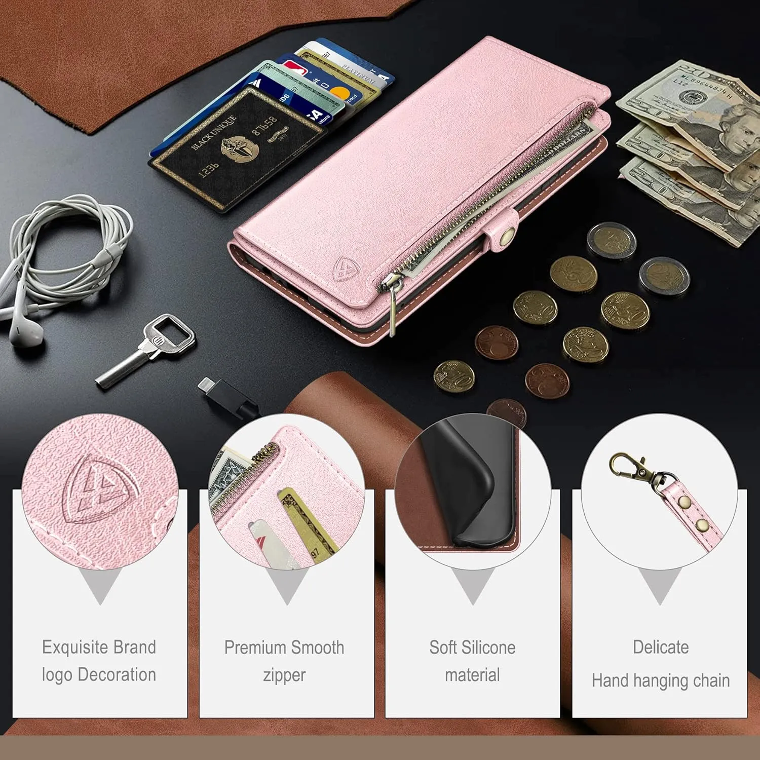 XcaseBar compatible with iPhone 16 Pro Max Wallet case with Zipper Credit Card Holder【RFID Blocking】,Flip Folio Book PU Leather Phone case Shockproof Cover Women Men for Apple 16 ProMax case Rose Gold