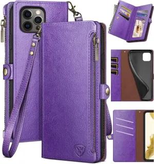 XcaseBar for iPhone 15 Pro 6.1" Wallet case with Zipper Credit Card Holder RFID Blocking,Flip Folio Book PU Leather Shockproof Strap Protective Cover Women Men for Apple 15Pro Phone case Purple