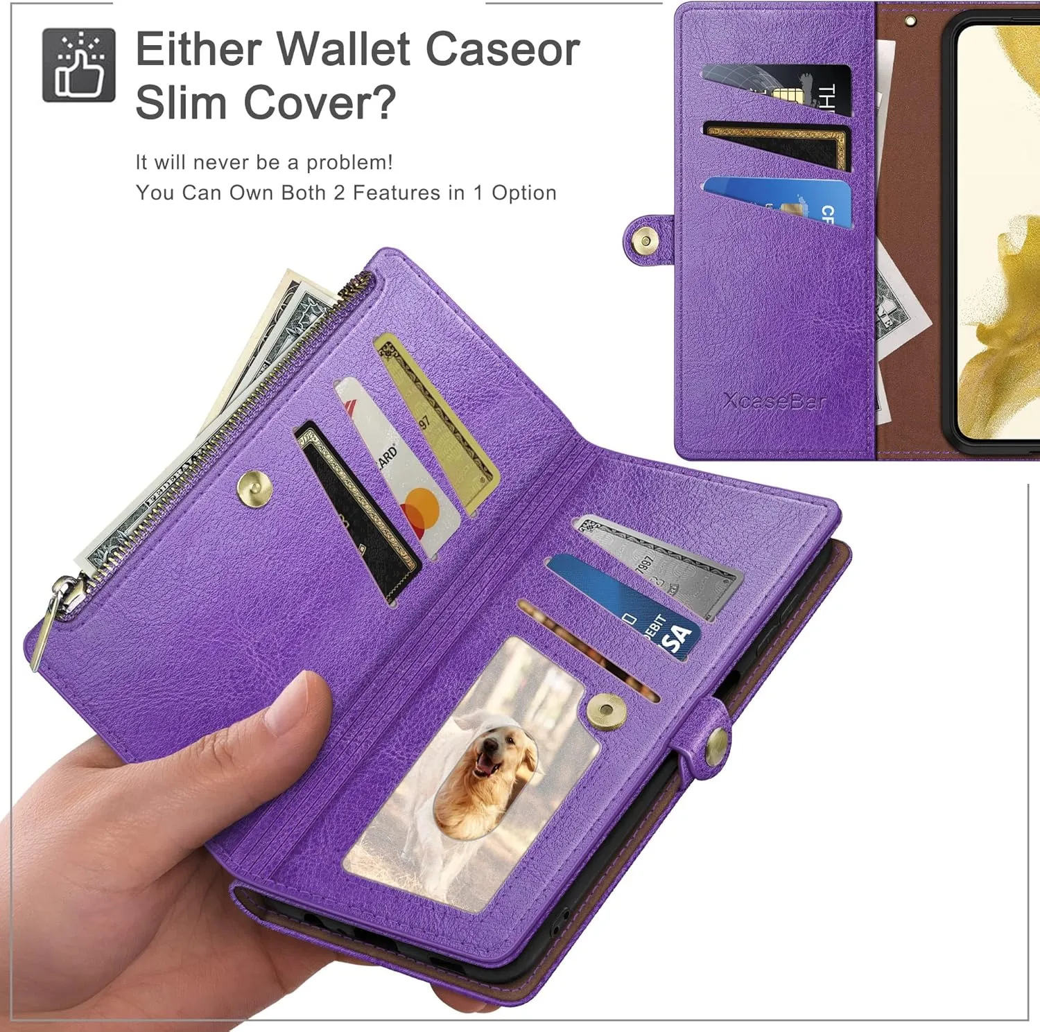 XcaseBar for iPhone 15 Pro 6.1" Wallet case with Zipper Credit Card Holder RFID Blocking,Flip Folio Book PU Leather Shockproof Strap Protective Cover Women Men for Apple 15Pro Phone case Purple