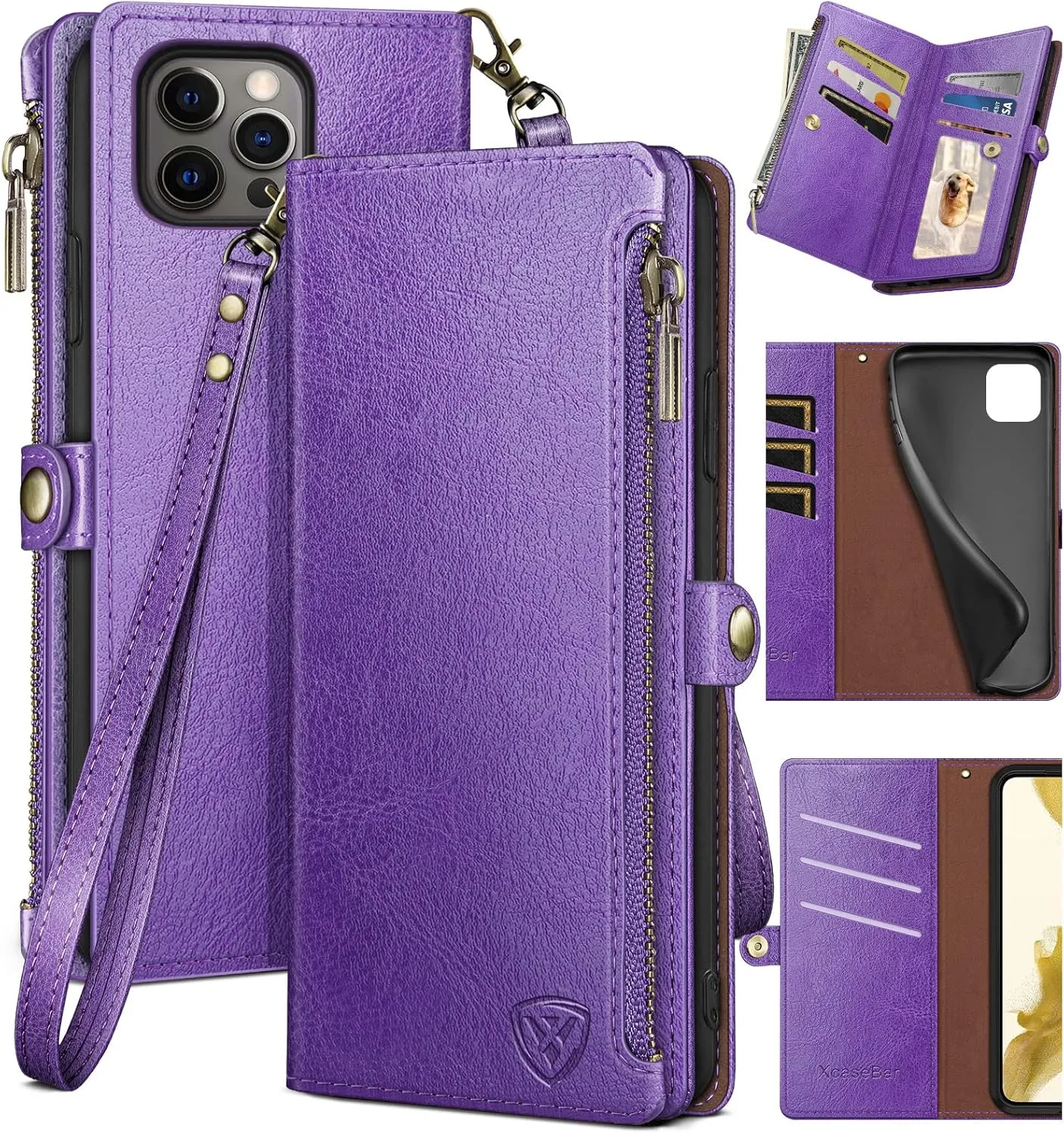 XcaseBar for iPhone 15 Pro 6.1" Wallet case with Zipper Credit Card Holder RFID Blocking,Flip Folio Book PU Leather Shockproof Strap Protective Cover Women Men for Apple 15Pro Phone case Purple