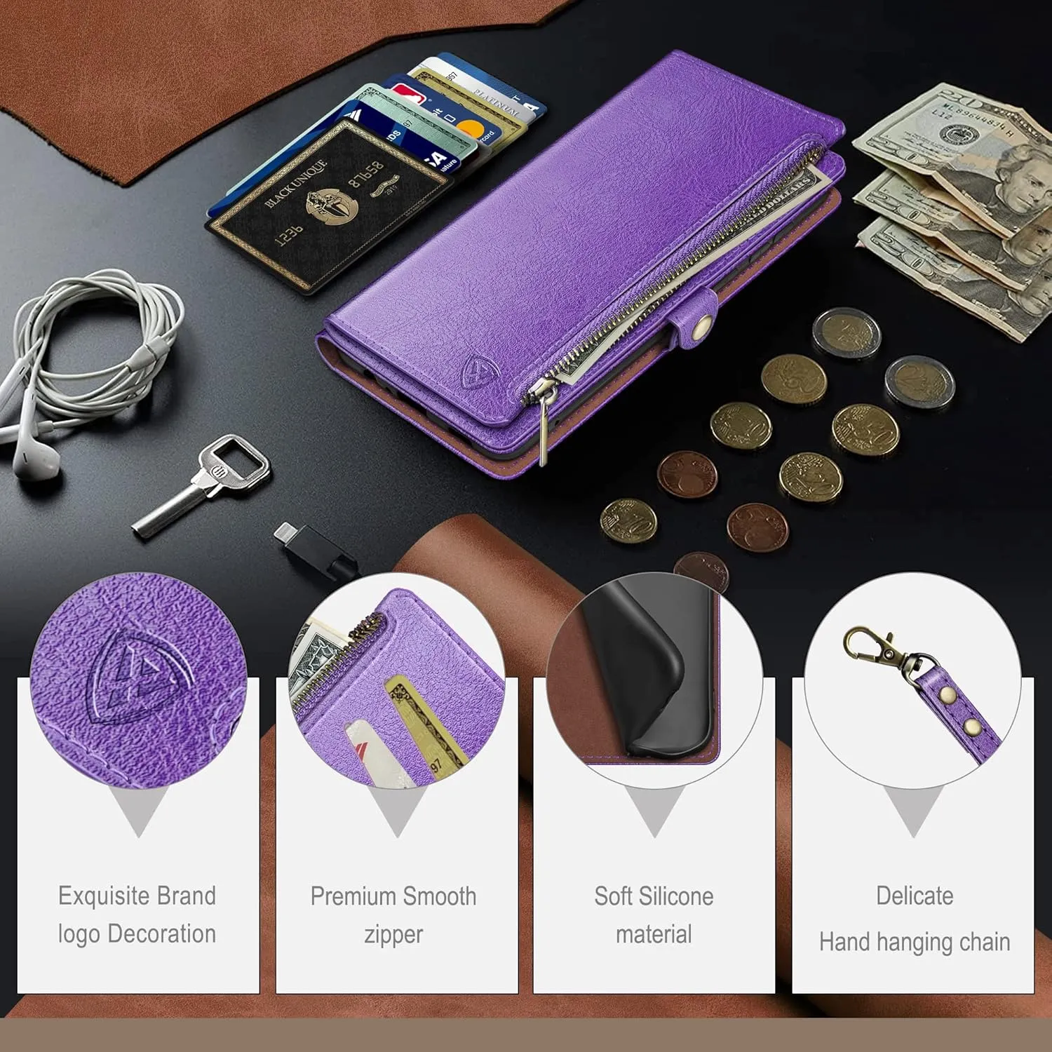 XcaseBar for iPhone 15 Pro 6.1" Wallet case with Zipper Credit Card Holder RFID Blocking,Flip Folio Book PU Leather Shockproof Strap Protective Cover Women Men for Apple 15Pro Phone case Purple
