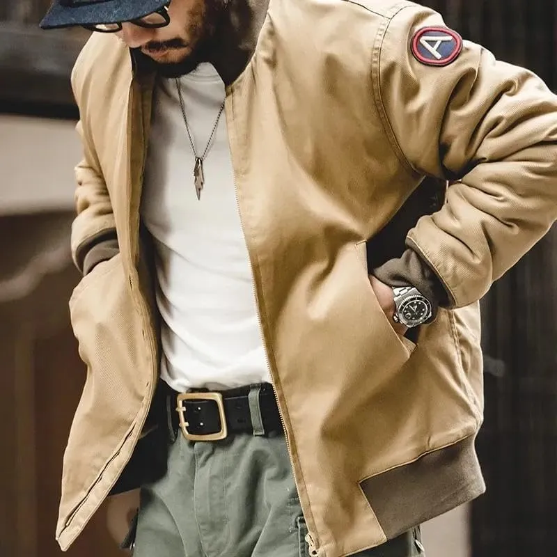 Xingfenly Men’ Jackets Brown Military Flight Bomber Tank Coat Pilot Aviator Jacket Collar Men Clothing