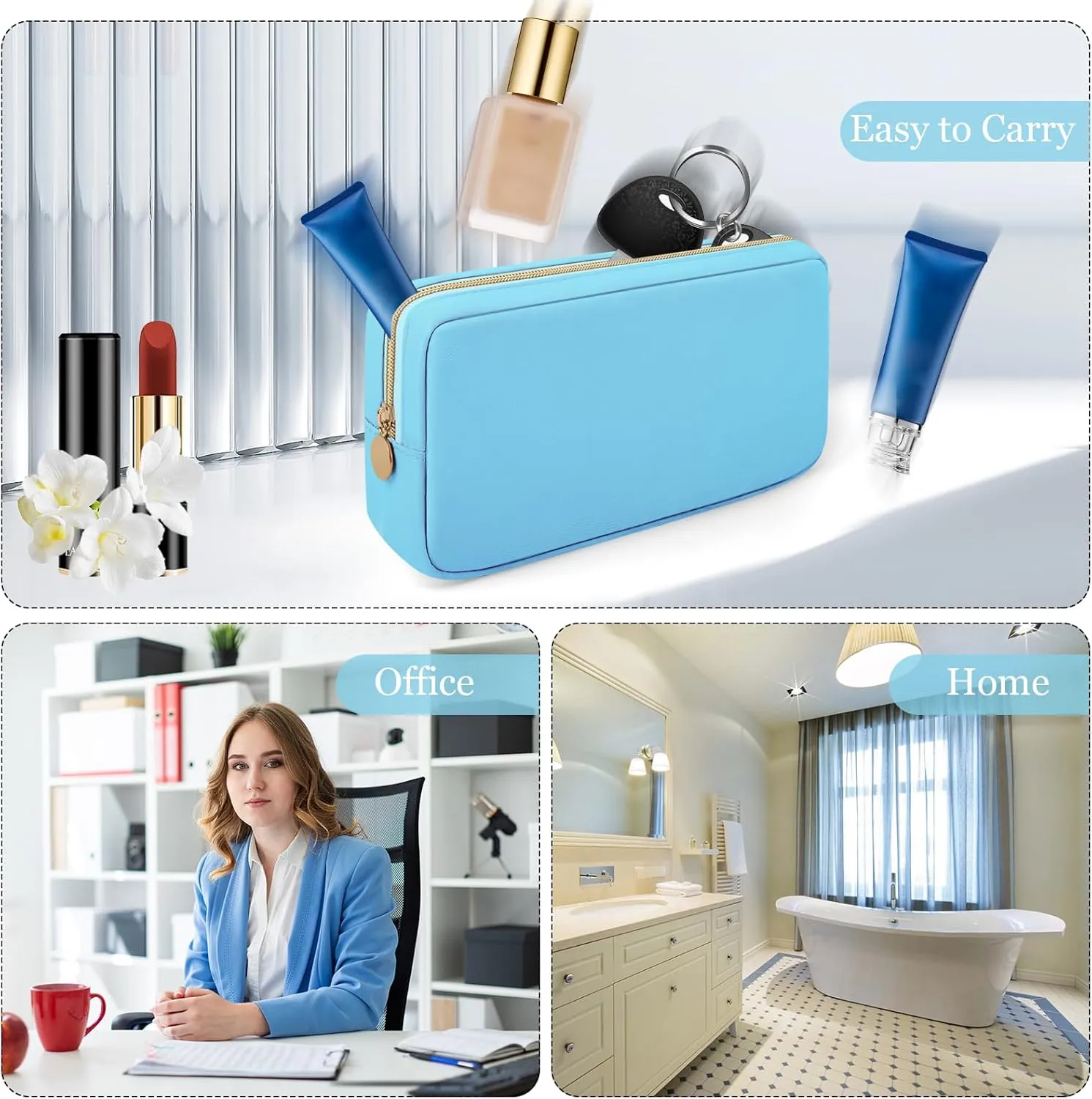 XSUIOY Makeup Bag - Cute Preppy Cosmetic Organizer, Waterproof Nylon, Sanitary Napkin Storage for Work (Blue-Middle)
