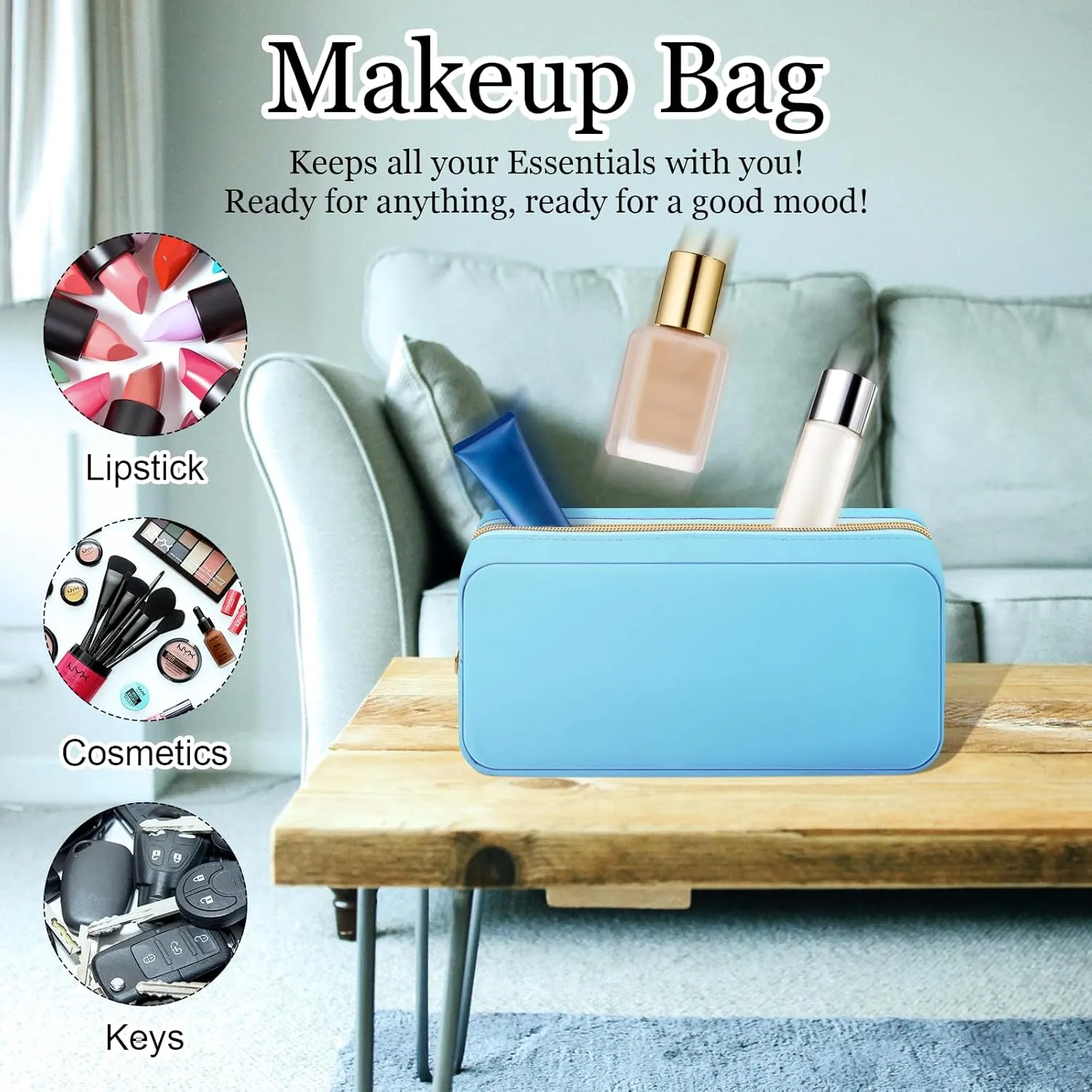 XSUIOY Makeup Bag - Cute Preppy Cosmetic Organizer, Waterproof Nylon, Sanitary Napkin Storage for Work (Blue-Middle)
