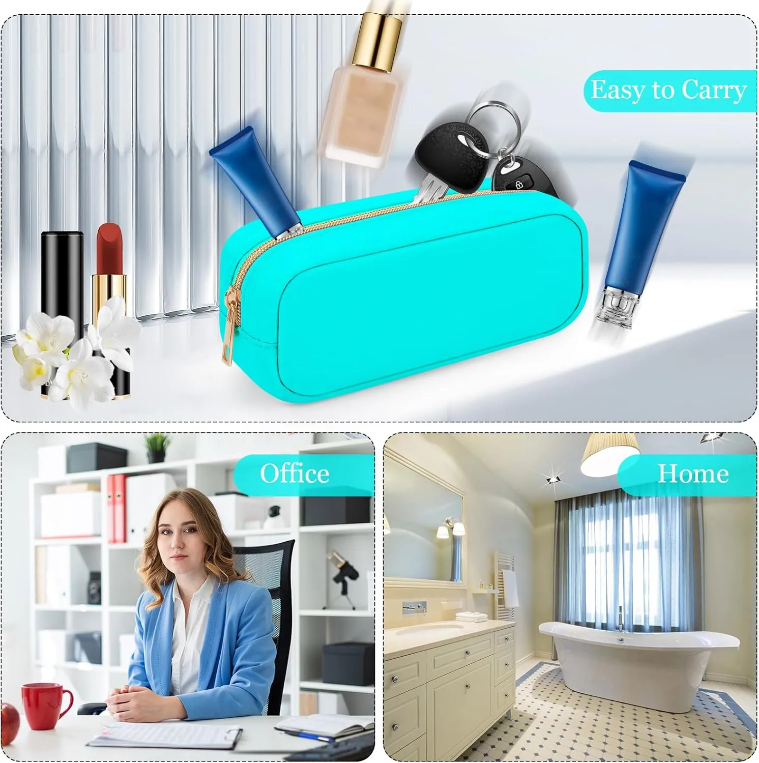 XSUIOY Makeup Bag Travel Bag Pouch for Purse, Cute Preppy Makeup Bag Cosmetic Zipper Pouch Purse Organizer Bag for Women, Waterproof Nylon Coin Pouch Sanitary Napkin Storage Bag for Work(Cyan-Small)