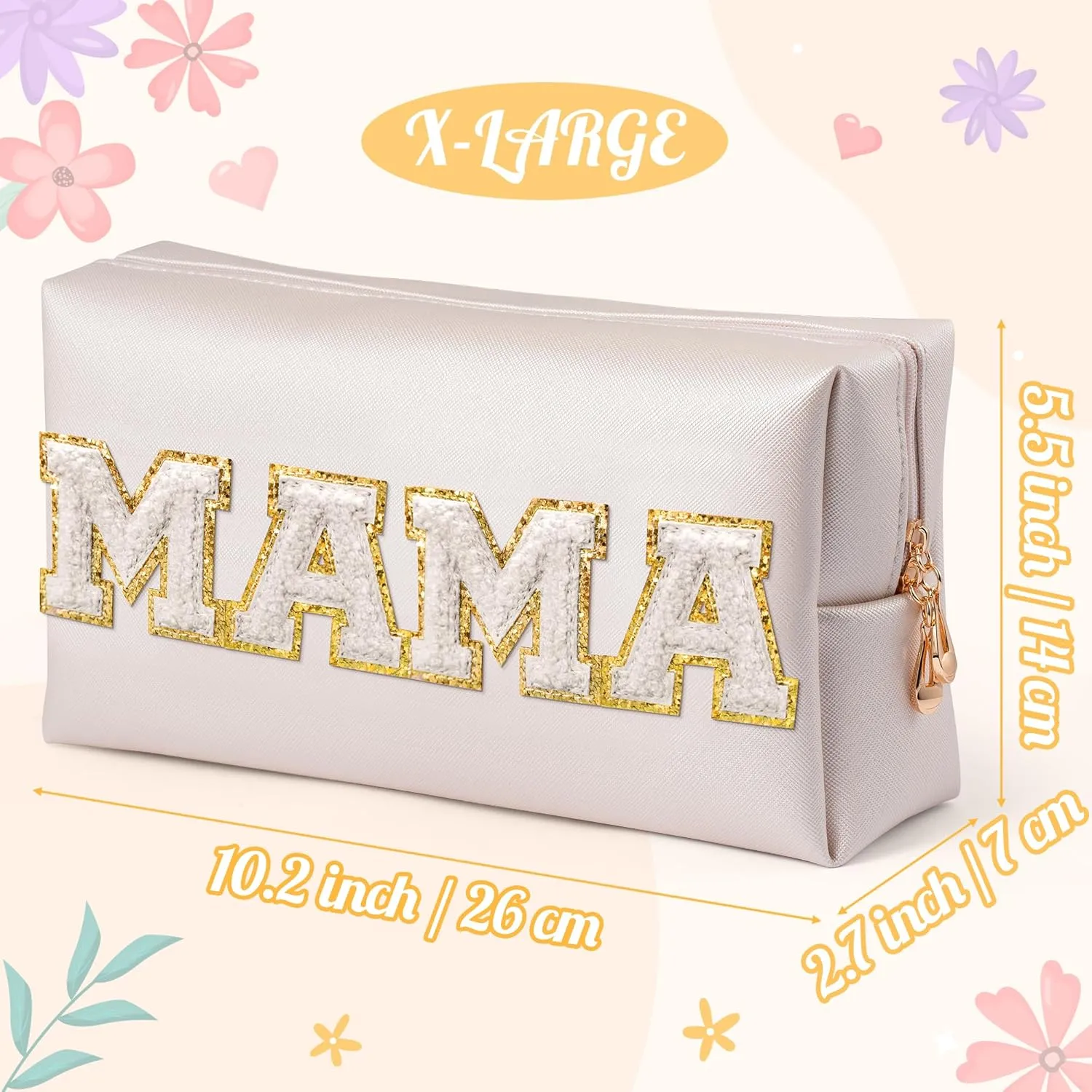 Y1tvei Preppy Patch MAMA White Chenille Letter Extra Large Cosmetic Bag PU Leather Waterproof Portable Varsity Letter Patch Makeup Pouch Toiletry Zipper Organizer Mama to Be Mother's Day Gift for Mom
