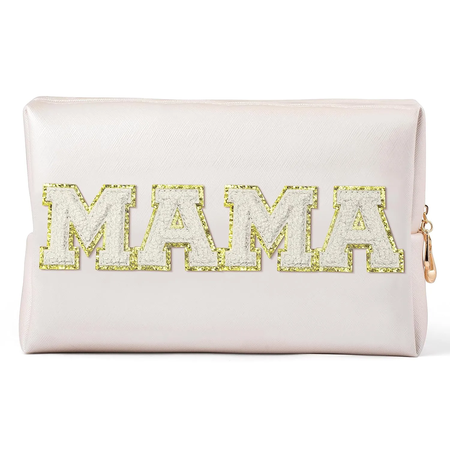 Y1tvei Preppy Patch MAMA White Chenille Letter Extra Large Cosmetic Bag PU Leather Waterproof Portable Varsity Letter Patch Makeup Pouch Toiletry Zipper Organizer Mama to Be Mother's Day Gift for Mom