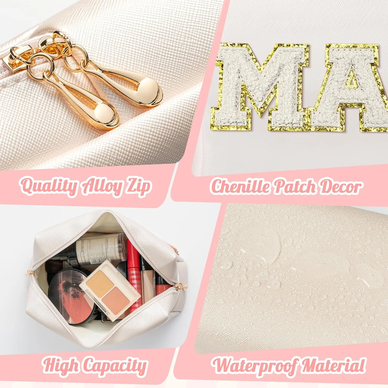 Y1tvei Preppy Patch MAMA White Chenille Letter Extra Large Cosmetic Bag PU Leather Waterproof Portable Varsity Letter Patch Makeup Pouch Toiletry Zipper Organizer Mama to Be Mother's Day Gift for Mom