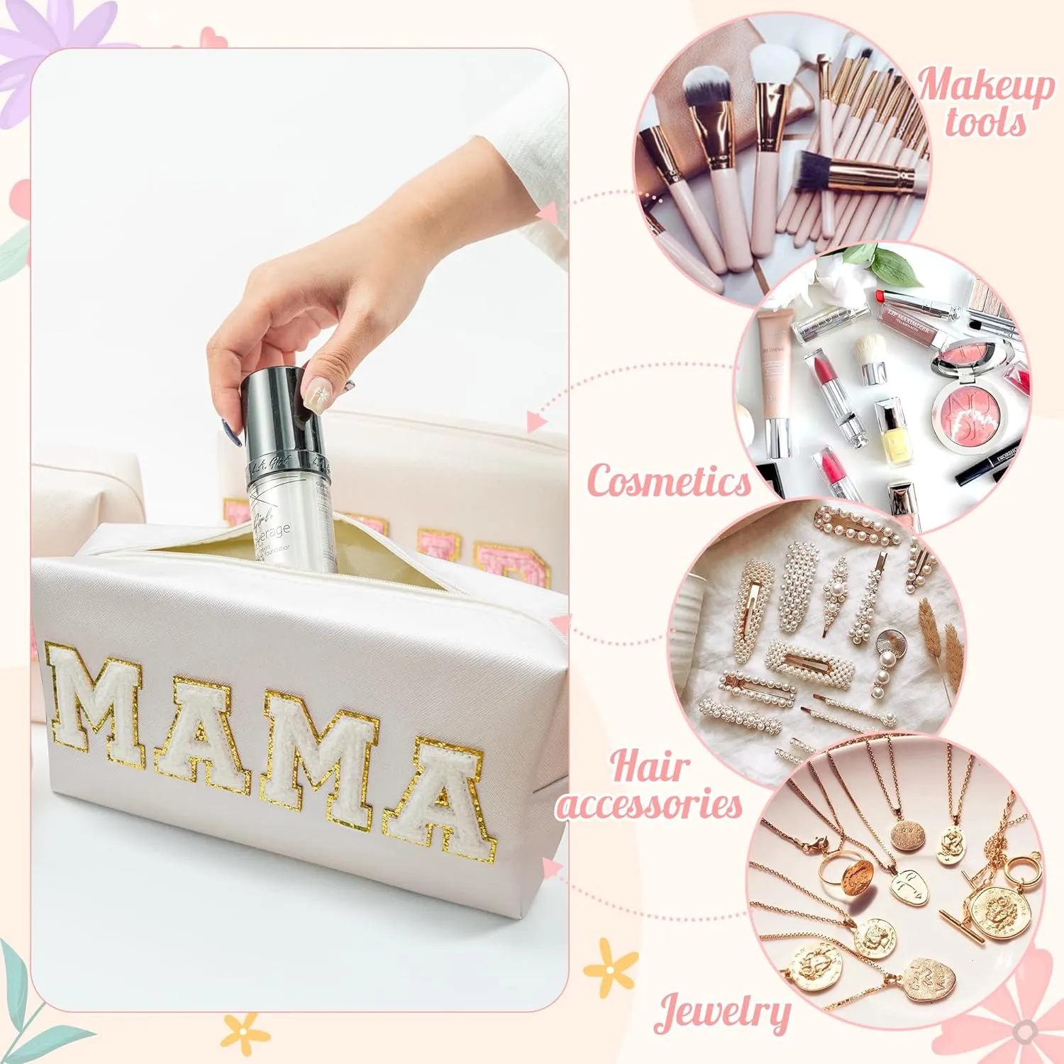 Y1tvei Preppy Patch MAMA White Chenille Letter Extra Large Cosmetic Bag PU Leather Waterproof Portable Varsity Letter Patch Makeup Pouch Toiletry Zipper Organizer Mama to Be Mother's Day Gift for Mom