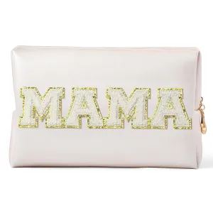 Y1tvei Preppy Patch MAMA White Chenille Letter Extra Large Cosmetic Bag PU Leather Waterproof Portable Varsity Letter Patch Makeup Pouch Toiletry Zipper Organizer Mama to Be Mother's Day Gift for Mom