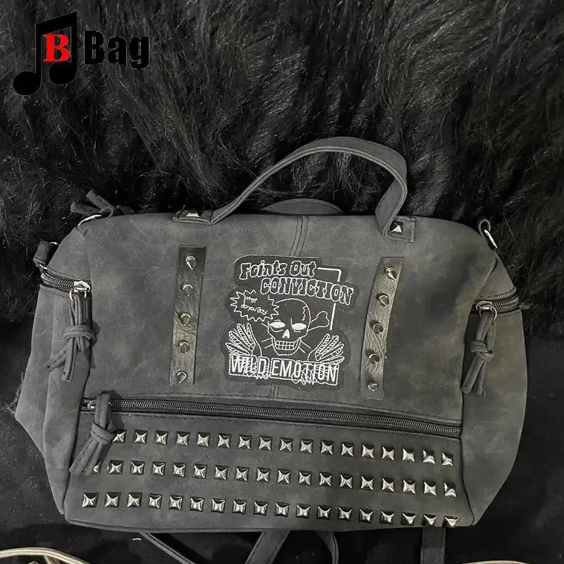 Y2k Girl Vintage Harajuku Punk Gothic Skeleton Rivet Womens Versatile Fashion Backpack Casual Large capacity Two Shoulders bag