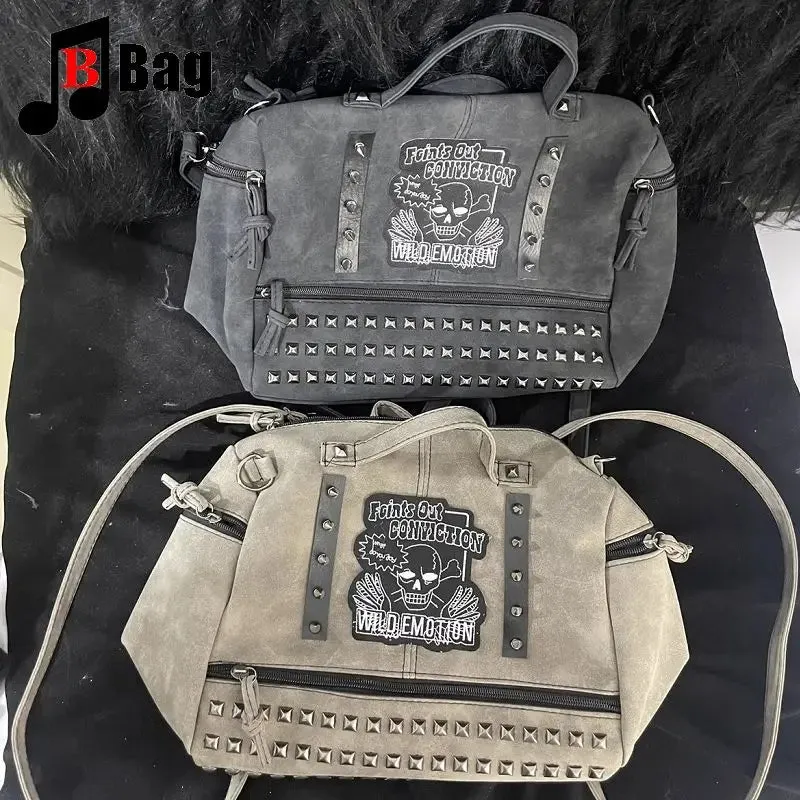 Y2k Girl Vintage Harajuku Punk Gothic Skeleton Rivet Womens Versatile Fashion Backpack Casual Large capacity Two Shoulders bag