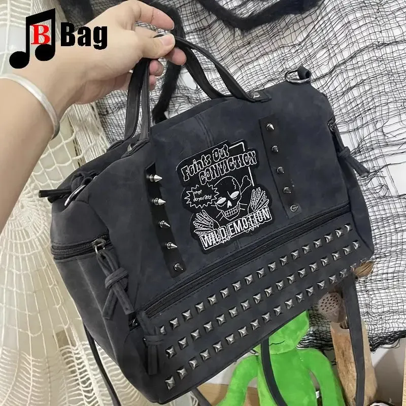 Y2k Girl Vintage Harajuku Punk Gothic Skeleton Rivet Womens Versatile Fashion Backpack Casual Large capacity Two Shoulders bag