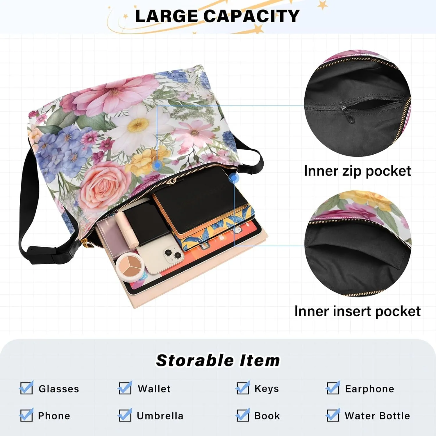 Yellow Floral with White Poppies Women Hobo Shoulder Bag, Large Leather Crossbody Bag, Cross Body Shoulder Bag Leather