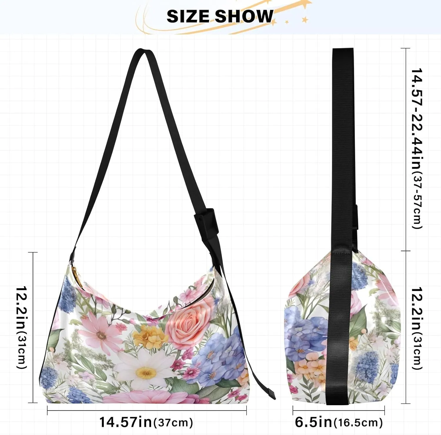 Yellow Floral with White Poppies Women Hobo Shoulder Bag, Large Leather Crossbody Bag, Cross Body Shoulder Bag Leather