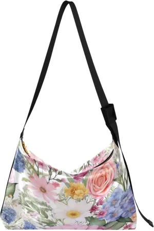Yellow Floral with White Poppies Women Hobo Shoulder Bag, Large Leather Crossbody Bag, Cross Body Shoulder Bag Leather