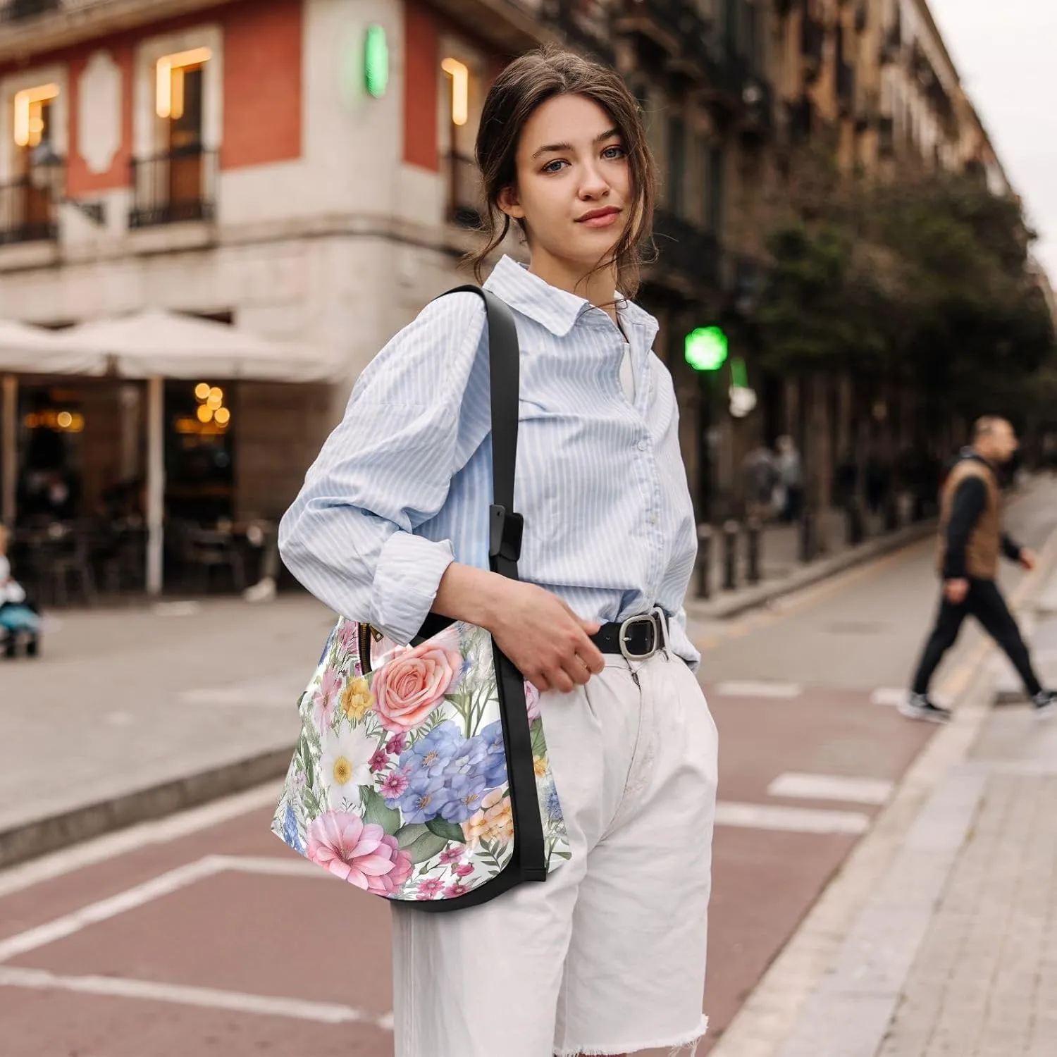 Yellow Floral with White Poppies Women Hobo Shoulder Bag, Large Leather Crossbody Bag, Cross Body Shoulder Bag Leather