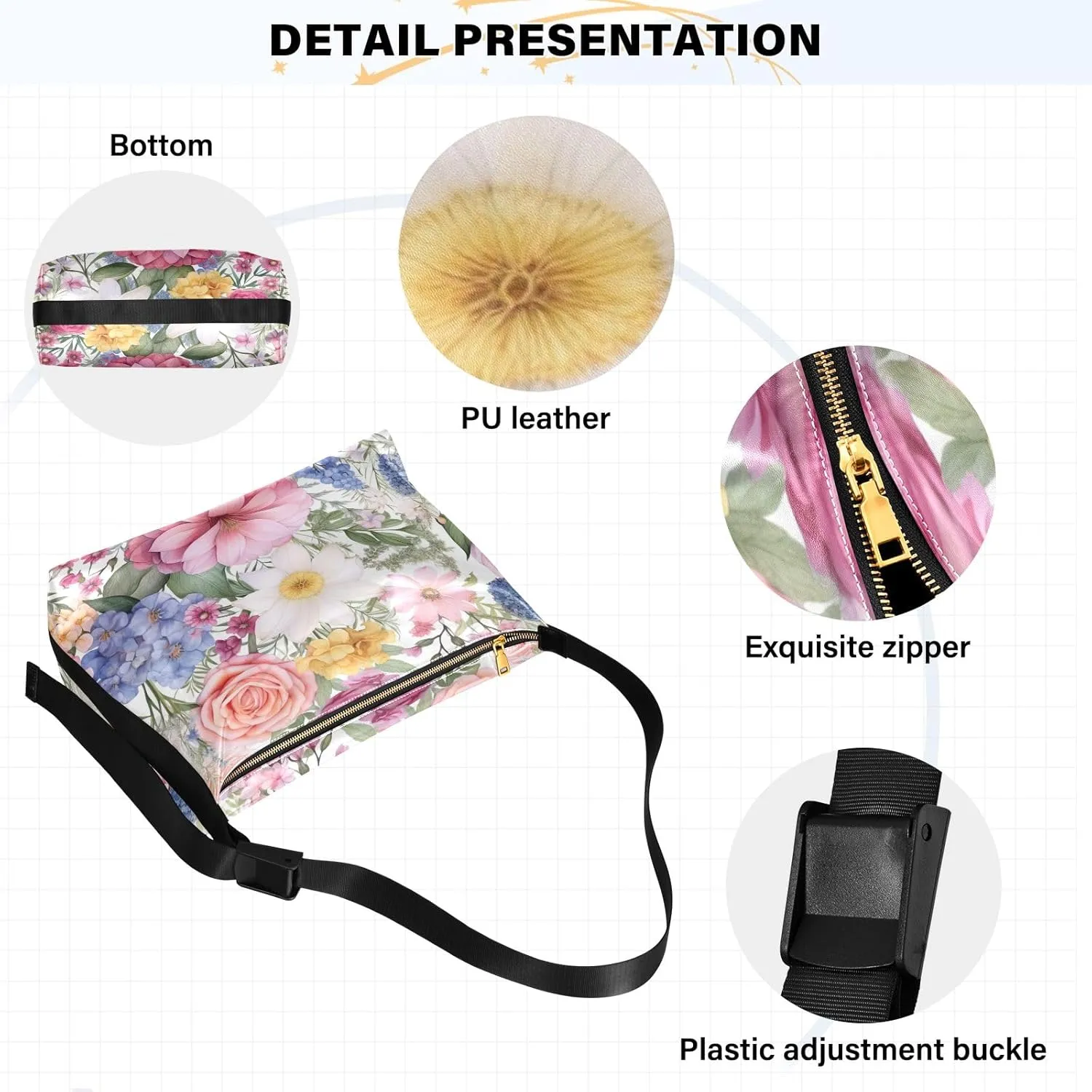 Yellow Floral with White Poppies Women Hobo Shoulder Bag, Large Leather Crossbody Bag, Cross Body Shoulder Bag Leather