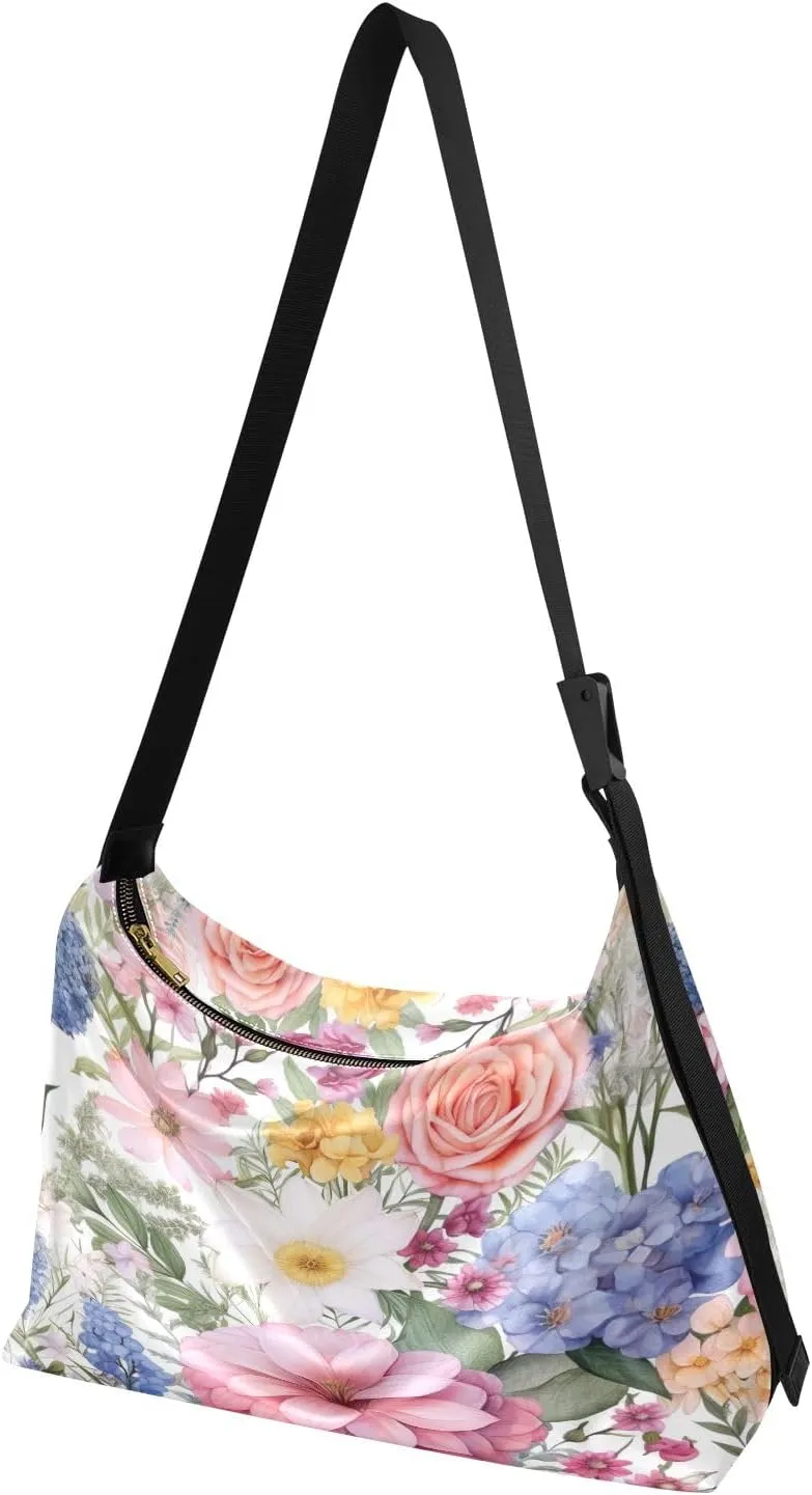Yellow Floral with White Poppies Women Hobo Shoulder Bag, Large Leather Crossbody Bag, Cross Body Shoulder Bag Leather