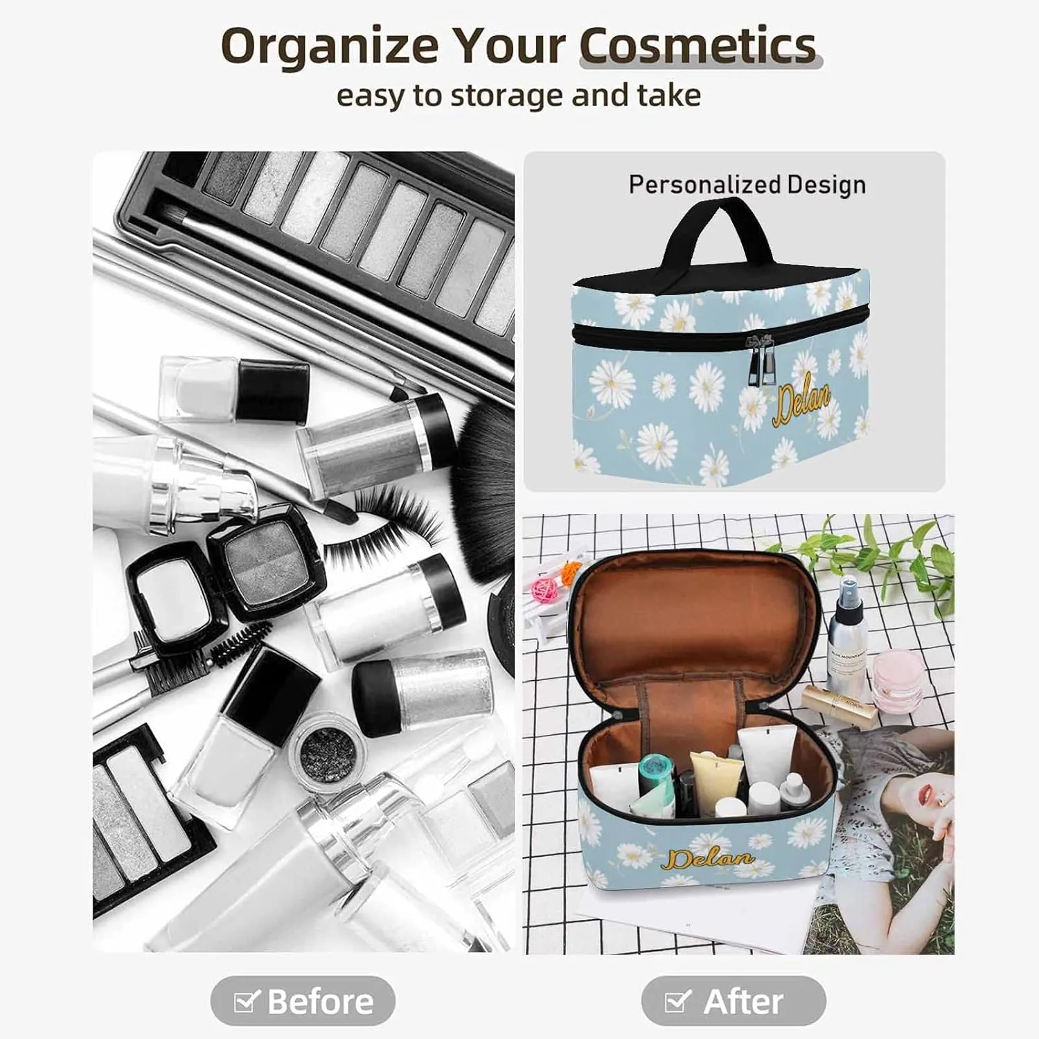 YESCUSTOM Personalized Makeup Bag Cosmetic Bag for Women Cosmetic Travel Makeup Bag, Blue Daisy Large Travel Toiletry Bag for Girls Make Up Bag Brush Bags Reusable Toiletry Bag
