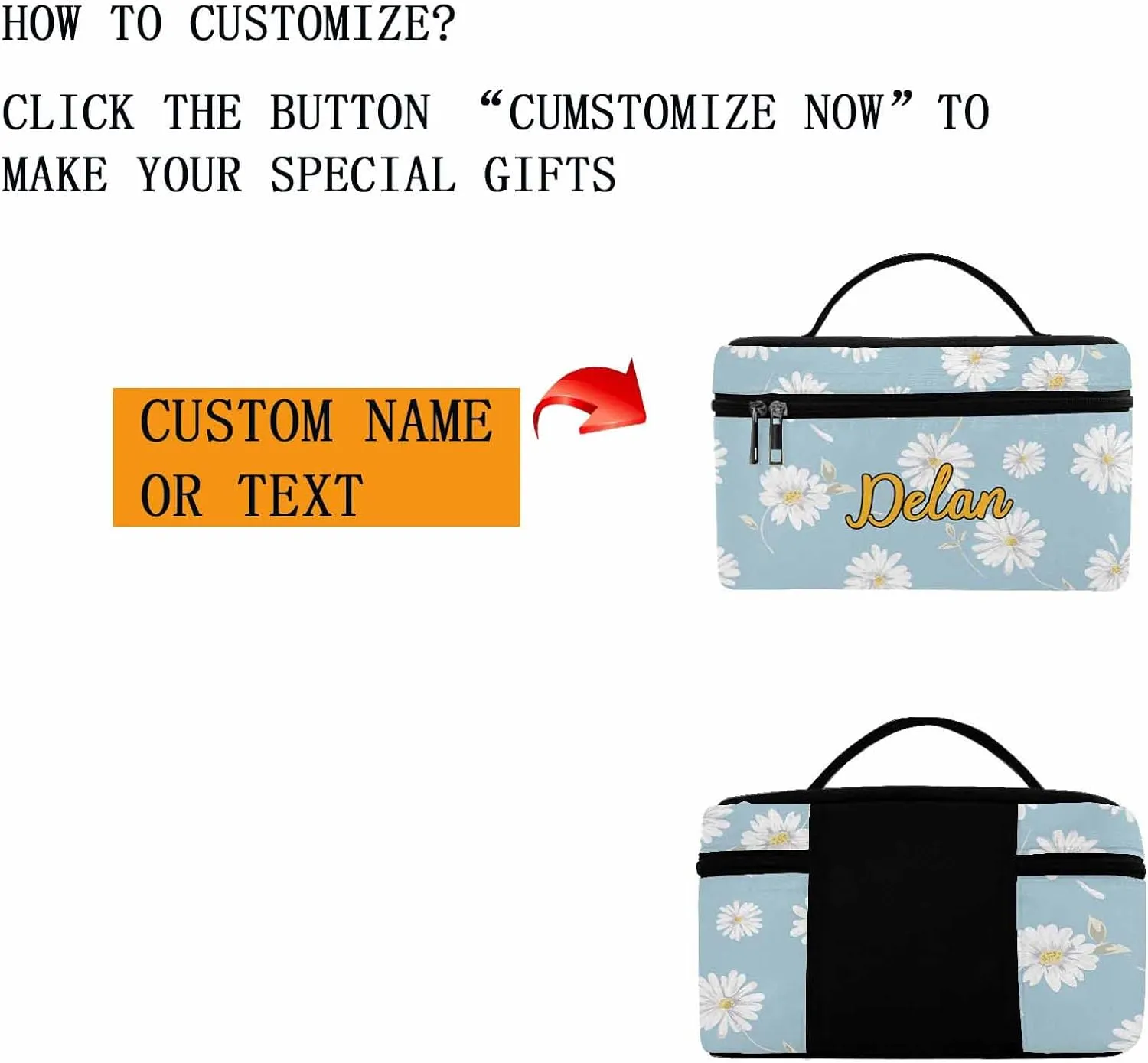 YESCUSTOM Personalized Makeup Bag Cosmetic Bag for Women Cosmetic Travel Makeup Bag, Blue Daisy Large Travel Toiletry Bag for Girls Make Up Bag Brush Bags Reusable Toiletry Bag
