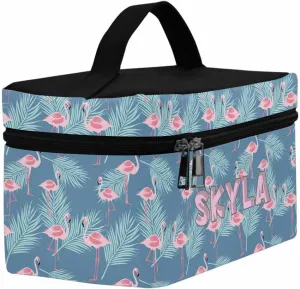YESCUSTOM Personalized Makeup Bag Large Travel Cosmetic Bags for Girls Women Kids, Blue Flamingo Waterproof Make up Organizer Case Toiletry Bag