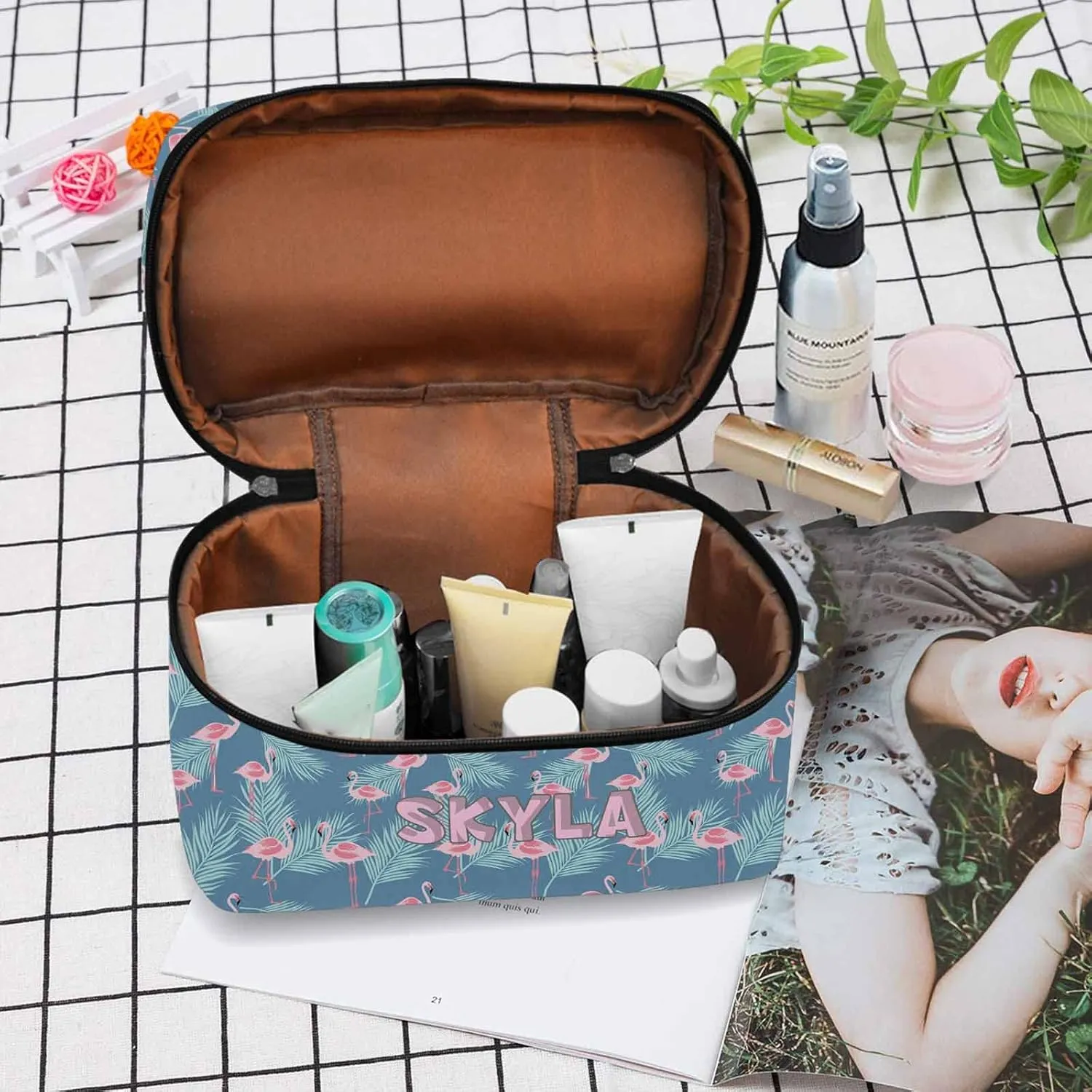 YESCUSTOM Personalized Makeup Bag Large Travel Cosmetic Bags for Girls Women Kids, Blue Flamingo Waterproof Make up Organizer Case Toiletry Bag