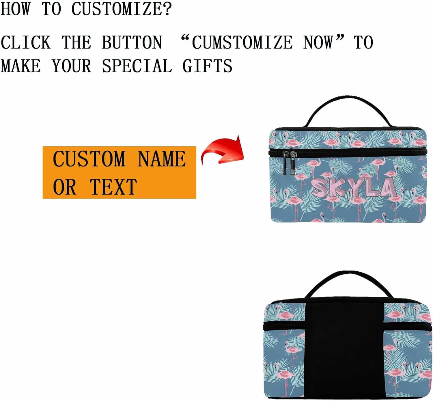 YESCUSTOM Personalized Makeup Bag Large Travel Cosmetic Bags for Girls Women Kids, Blue Flamingo Waterproof Make up Organizer Case Toiletry Bag