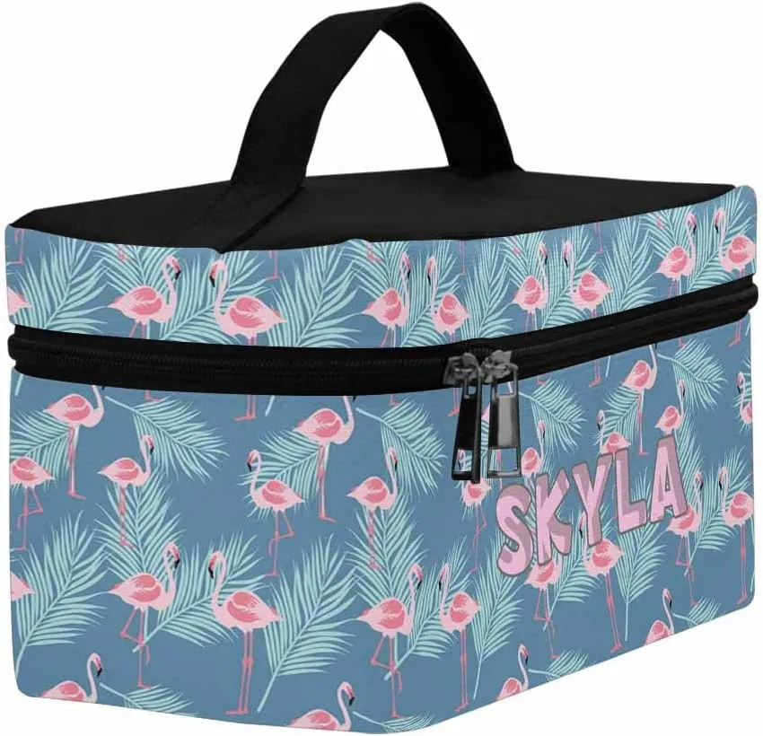 YESCUSTOM Personalized Makeup Bag Large Travel Cosmetic Bags for Girls Women Kids, Blue Flamingo Waterproof Make up Organizer Case Toiletry Bag