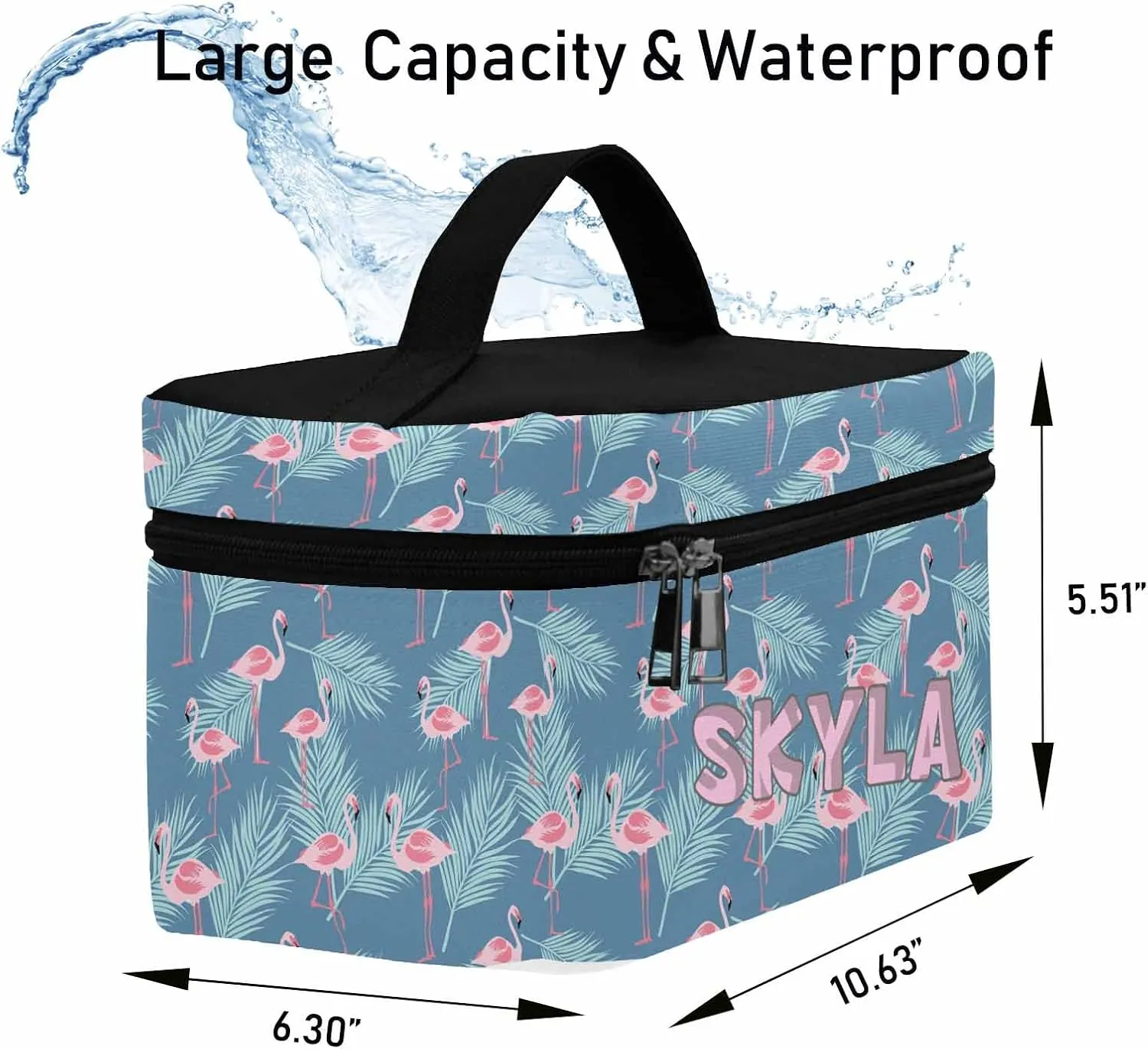 YESCUSTOM Personalized Makeup Bag Large Travel Cosmetic Bags for Girls Women Kids, Blue Flamingo Waterproof Make up Organizer Case Toiletry Bag