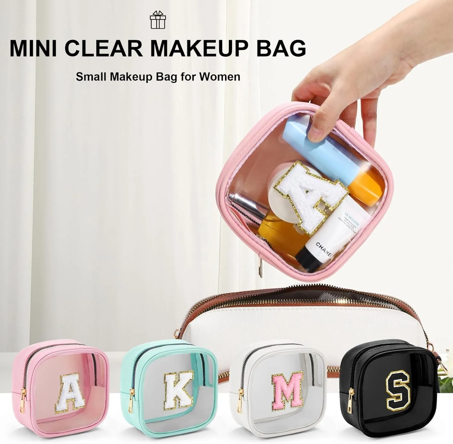 YOOLIFE Mini Initial Makeup Bag | Clear Makeup Bag | Preppy Cosmetic Bags Travel Essentials Gifts for Women Teen Girlfriend Teacher Birthday Clear Toiletry Bag Small Cosmetic Bag for Purse Pink J