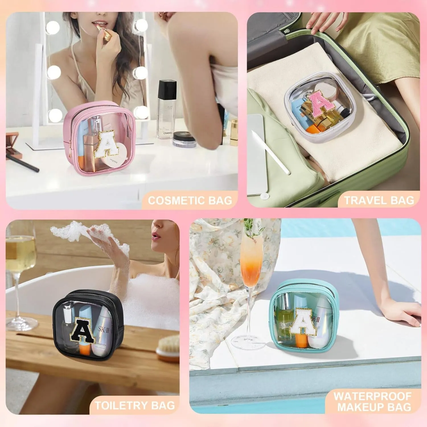 YOOLIFE Mini Initial Makeup Bag | Clear Makeup Bag | Preppy Cosmetic Bags Travel Essentials Gifts for Women Teen Girlfriend Teacher Birthday Clear Toiletry Bag Small Cosmetic Bag for Purse Pink J
