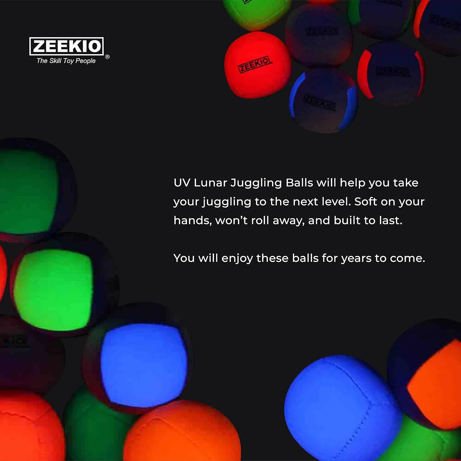 Zeekio Lunar Juggling Balls - [Set of 3], Professional UV Reactive, 6-Panel Balls, Synthetic Leather, Millet Filled, 110g Each, White/Blue