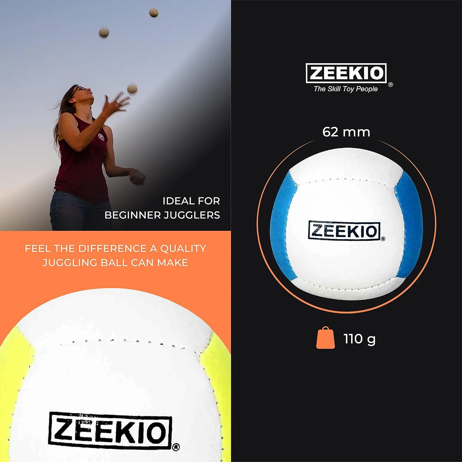 Zeekio Lunar Juggling Balls - [Set of 3], Professional UV Reactive, 6-Panel Balls, Synthetic Leather, Millet Filled, 110g Each, White/Blue
