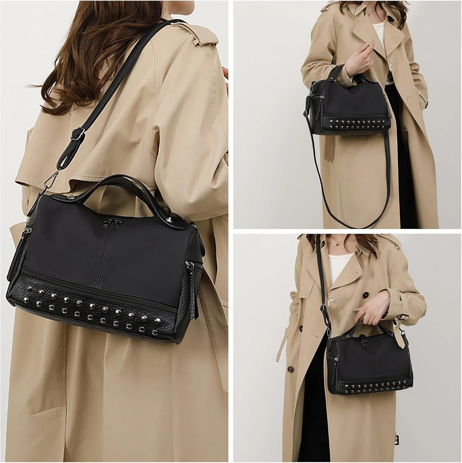 ZLM BAG US Punk Rivet Hobo Handbag for Women Large Crossbody Purse Leather Top Handle Bag